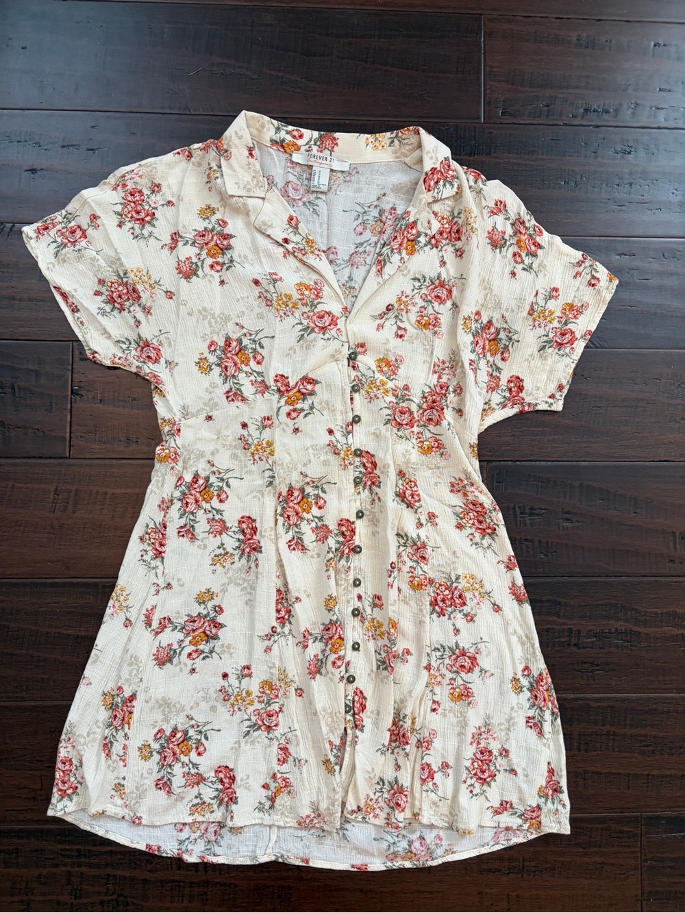 Forever‎ 21 Floral Button-Front Short Sleeve Granny Cottage Coquette Dress Cream